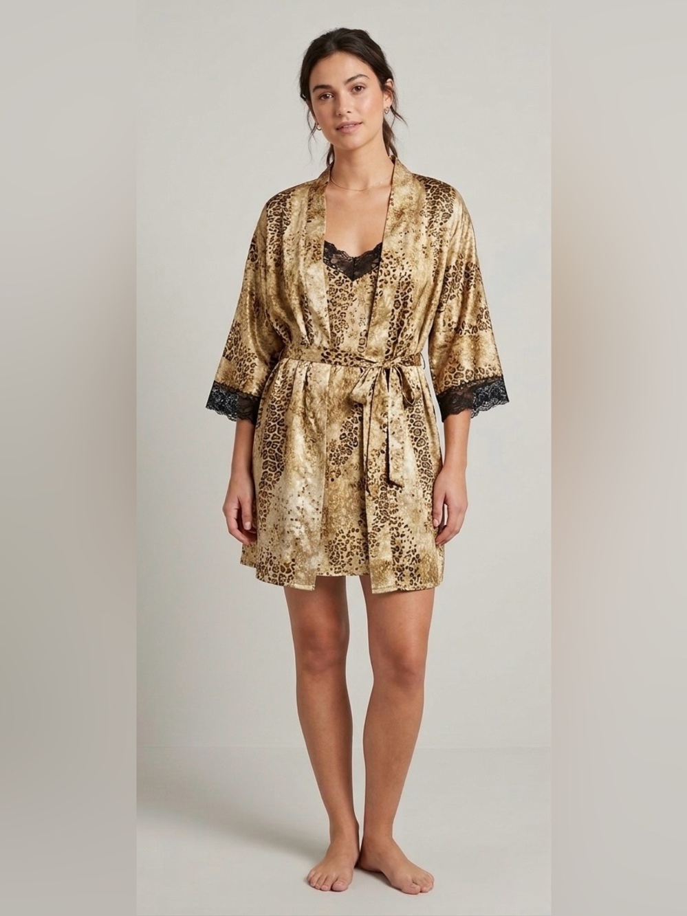 Gilligan & O'Malley Silk-Like Leopard Print Slip Dress‎ & Robe Sleep Set Size M